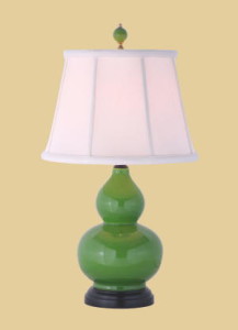 Apple Green Gourd Lamp with Off-White Silk Shade and Matching Green Finial