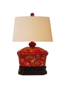 Red/Gold Box with Dark Base and matching finial, 16" high x 11" beige linen shade