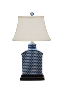 Blue/White Rectangle with Dark Base and matching finial, 17" high x 10" off-white silk shade