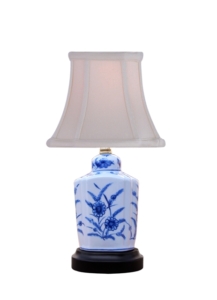 Blue/White with Dark Base and matching finial, 14" high x 8" fancy oval shade