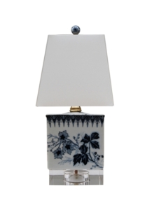 Blue/White Porcelain Square with Crystal Base and matching finial, 13" high x 7" wide
